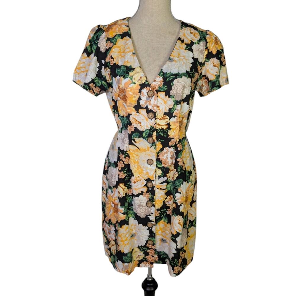 Miss Selfridge Floral Button Front Mini Dress Black Yellow Cottagecore Size 6 - Picture 2 of 16